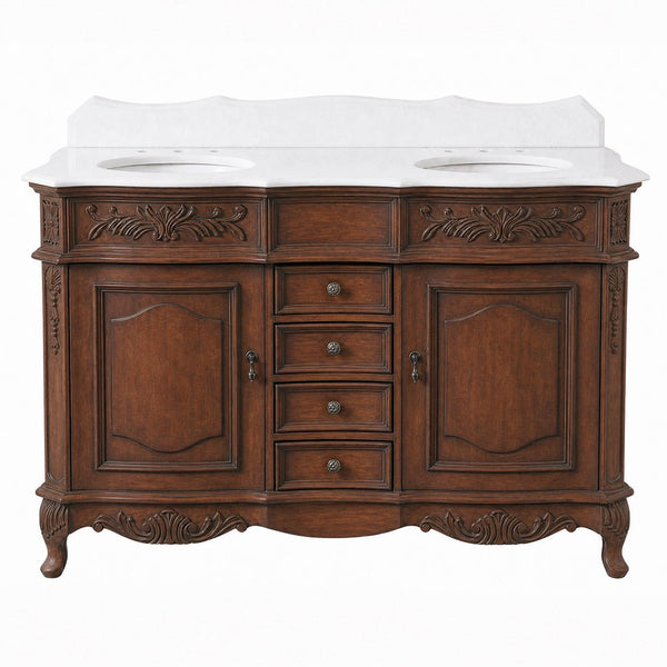 Antique brown Morton 48 inch double vanity with white quartz top and carved trim