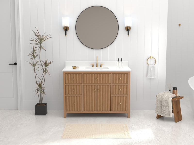 48 Inch Natural Oak Fluted Style Marbella Bathroom Vanity With White Quartz Top