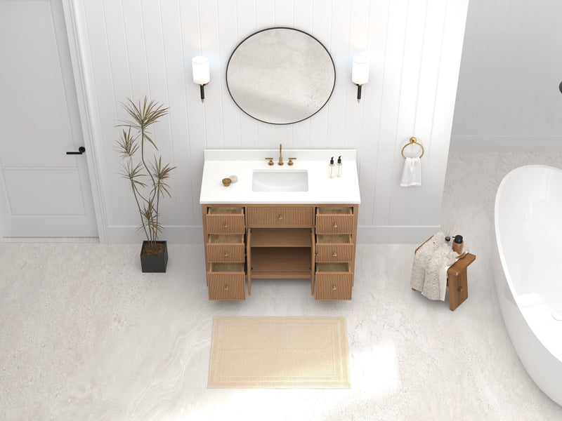 48 Inch Natural Oak Fluted Style Marbella Bathroom Vanity With White Quartz Top