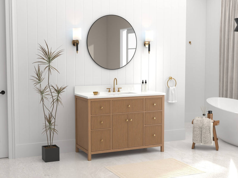 48 Inch Natural Oak Fluted Style Marbella Bathroom Vanity With White Quartz Top