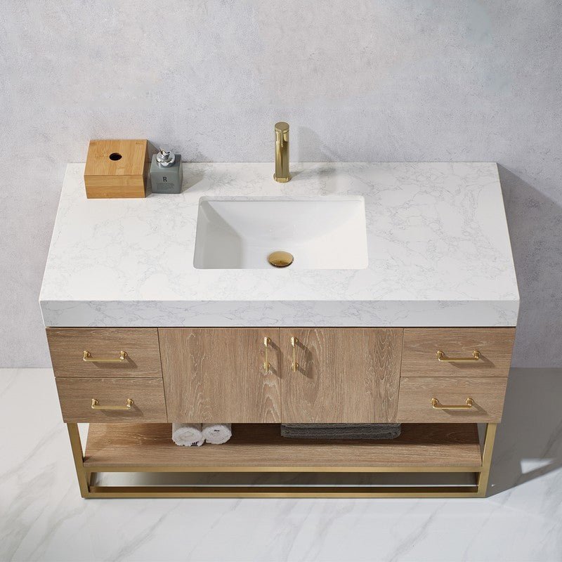48 Inch Single Vanity in Oak Finish with White Fairy White Stone Countertop - Chans Furniture
