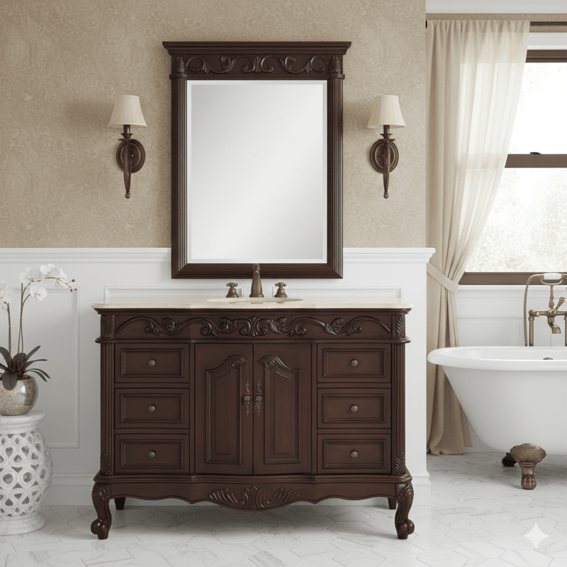 48 inch Traditional Style Cherry Brown Single Sink White Marble