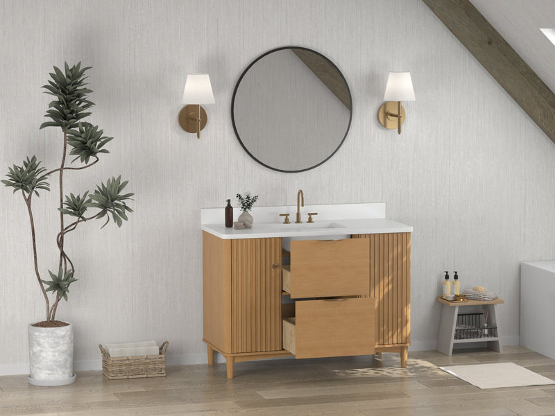 48 Inch Trendy Wood Finish Odelia Bathroom Vanity With White Quartz Top