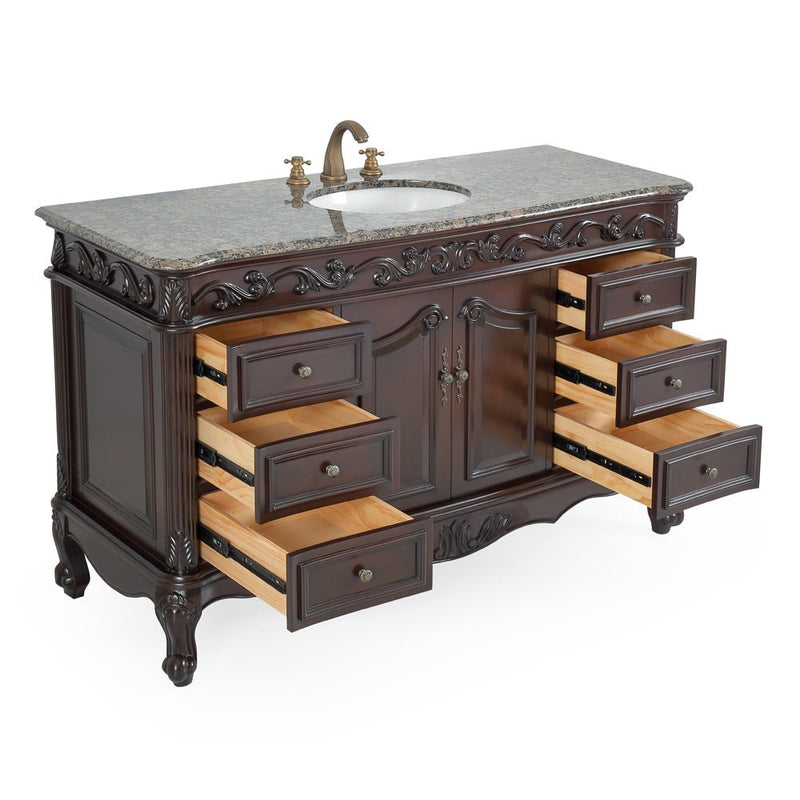 56" Traditional Style Brown Beckham Bathroom Sink Vanity With Baltic Brown Top