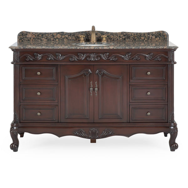 56" Traditional Style Brown Beckham Bathroom Sink Vanity With Baltic Brown Top