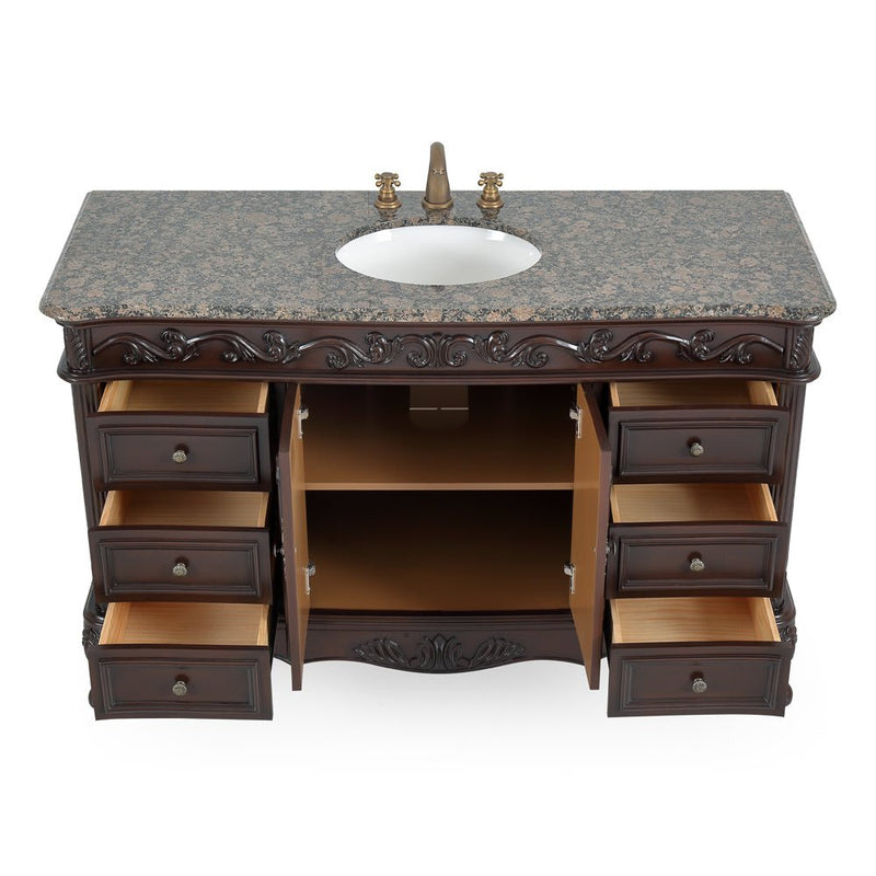 56" Traditional Style Brown Beckham Bathroom Sink Vanity With Baltic Brown Top