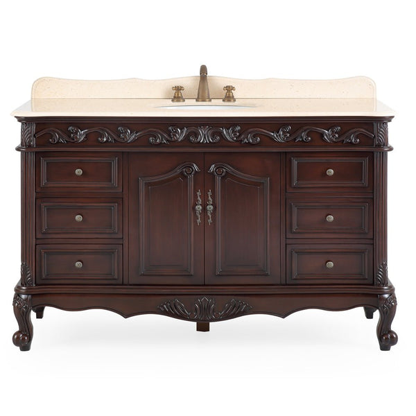 56" Traditional Style Brown Beckham Bathroom Sink Vanity With CreamTop