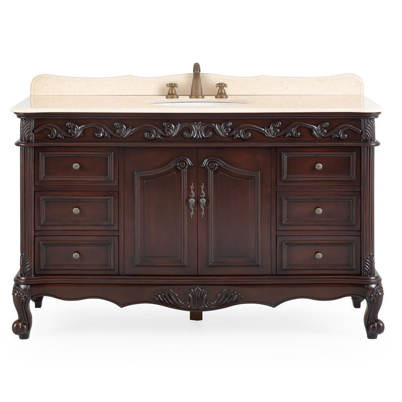 56" Traditional Style Brown Beckham Bathroom Sink Vanity With CreamTop