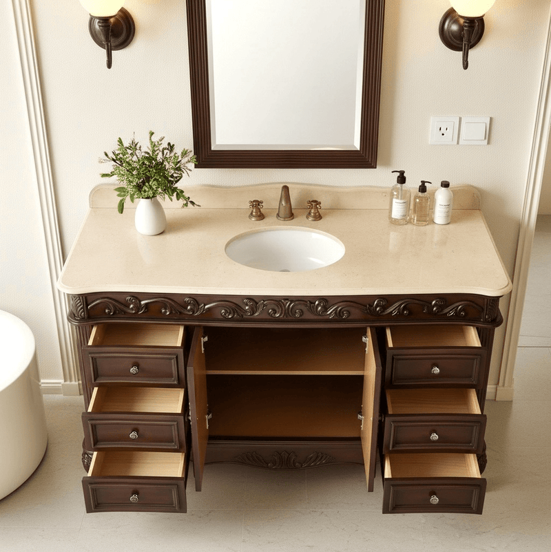56 inch Traditional Style Cherry Brown Bathroom Sink Vanity With