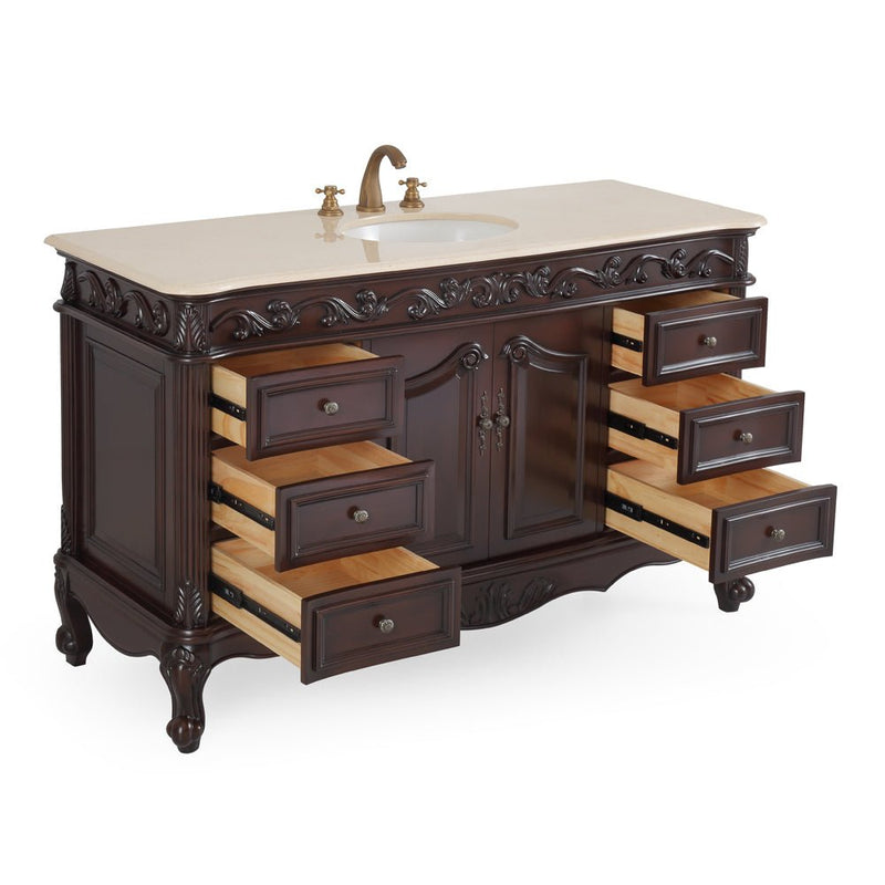 56" Traditional Style Brown Beckham Bathroom Sink Vanity With CreamTop