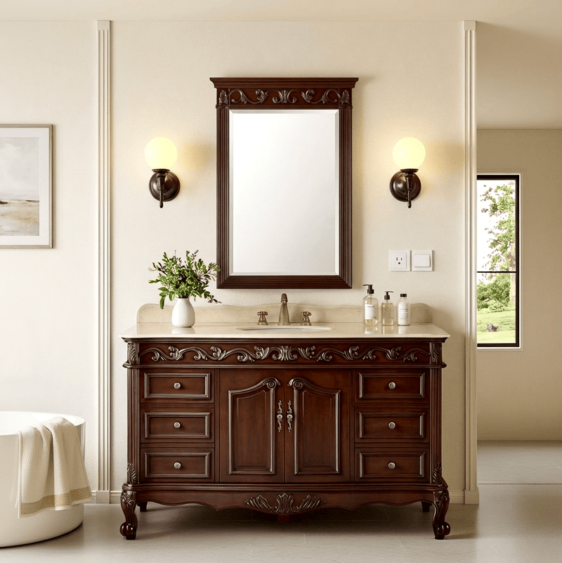 56 inch Traditional Style Cherry Brown Bathroom Sink Vanity With