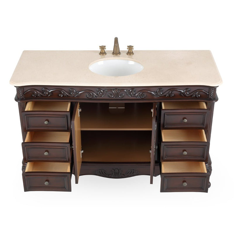 56" Traditional Style Brown Beckham Bathroom Sink Vanity With CreamTop