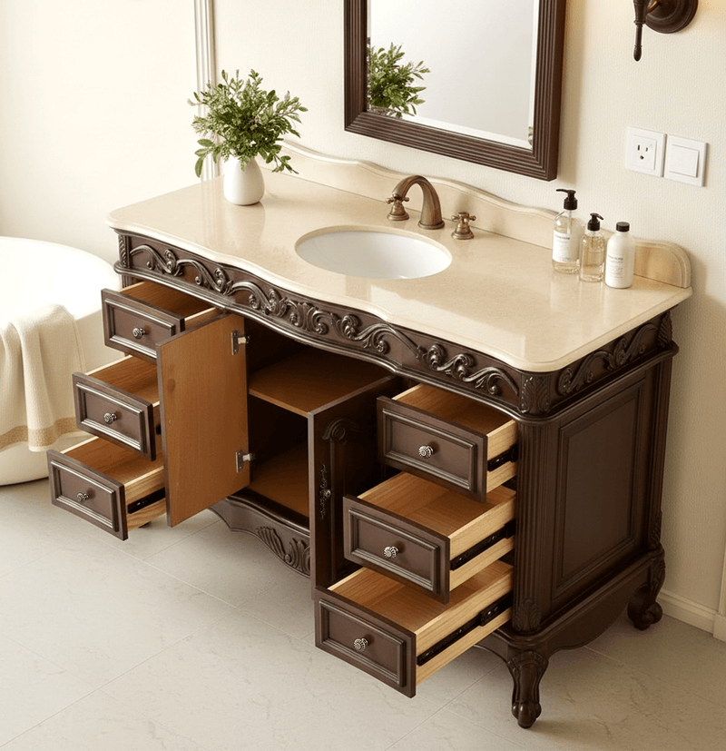 56 inch Traditional Style Cherry Brown Bathroom Sink Vanity With