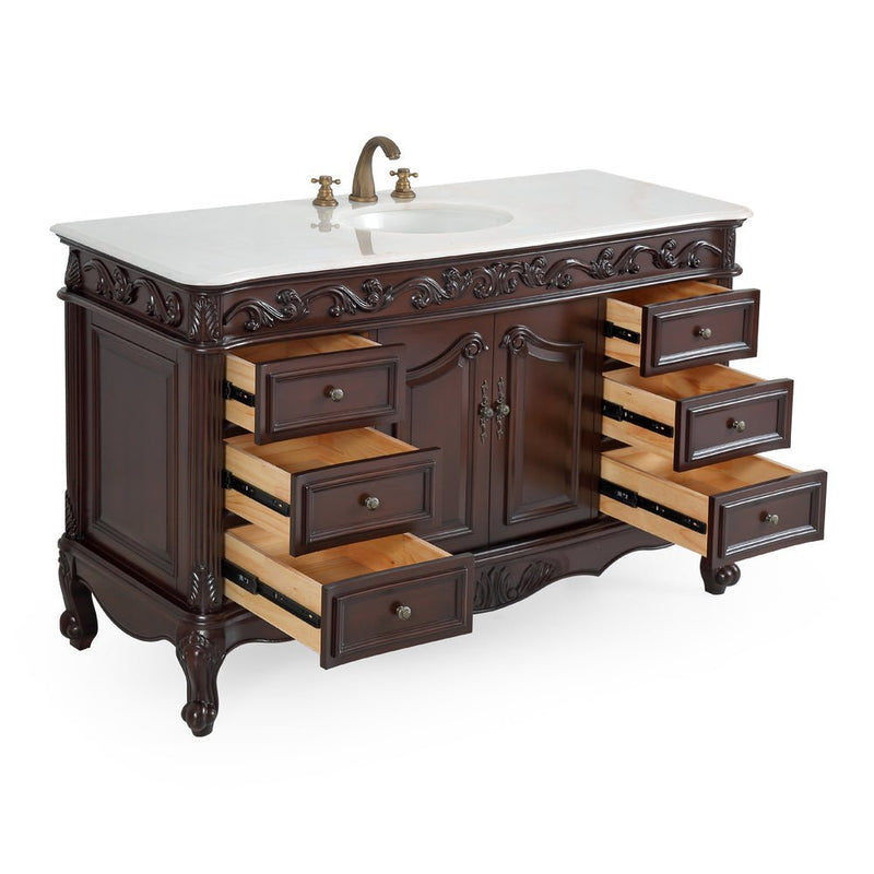 56" Traditional Style Brown Beckham Bathroom Sink Vanity With White Top