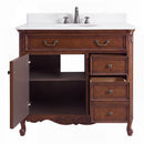 Antique brown Rocaille Victorian bathroom vanity with open door showing the shelf and open drawer