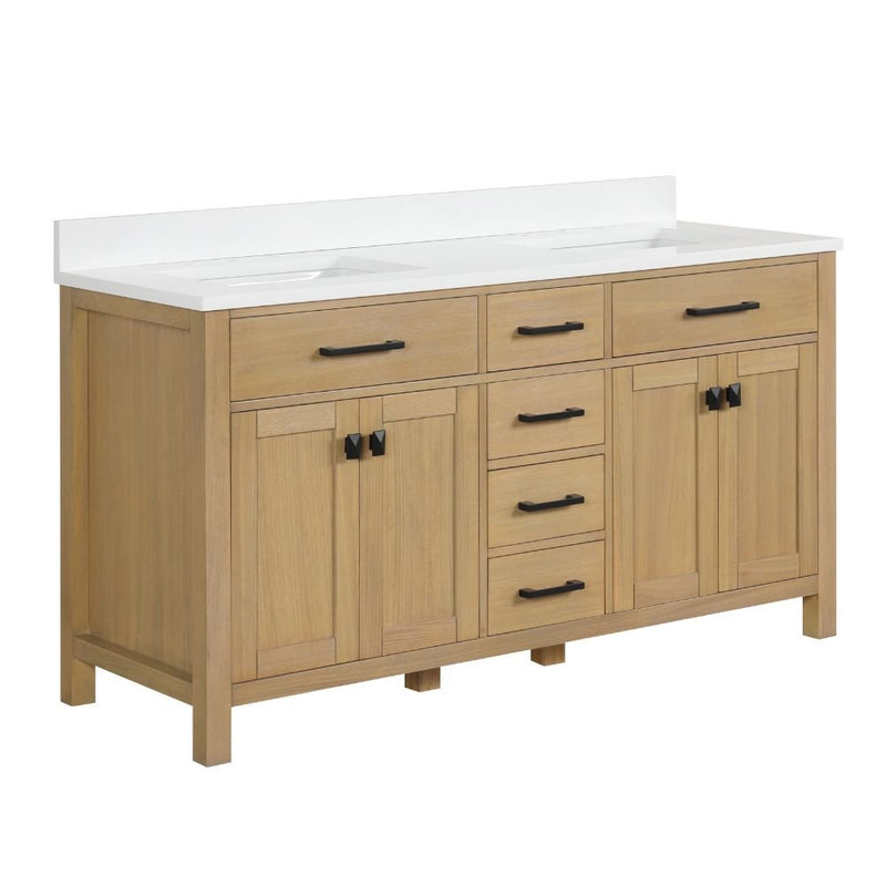 60 Inch Aged Oak Finish Rella Double Sink Bathroom Vanity With White Quartz Top - Chans Furniture