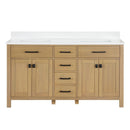 60 Inch Aged Oak Finish Rella Double Sink Bathroom Vanity With White Quartz Top - Chans Furniture