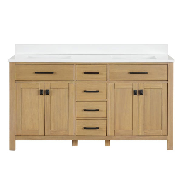 60 Inch Aged Oak Finish Rella Double Sink Bathroom Vanity With White Quartz Top - Chans Furniture