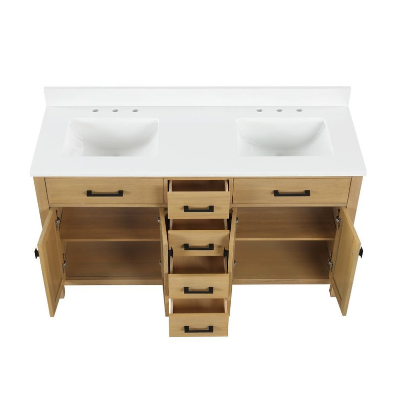 60 Inch Aged Oak Finish Rella Double Sink Bathroom Vanity With White Quartz Top - Chans Furniture