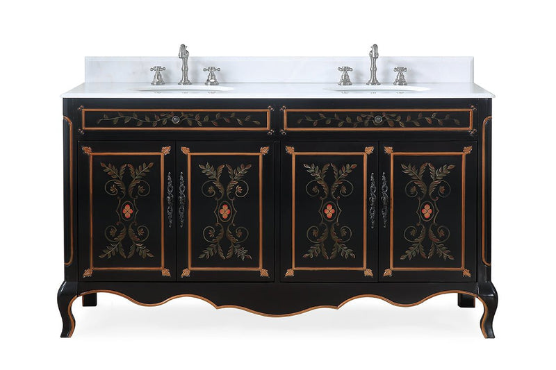 60 Inch Black Hand - Painted Floral Decoroso Double Sink Bathroom Vanity - Chans Furniture