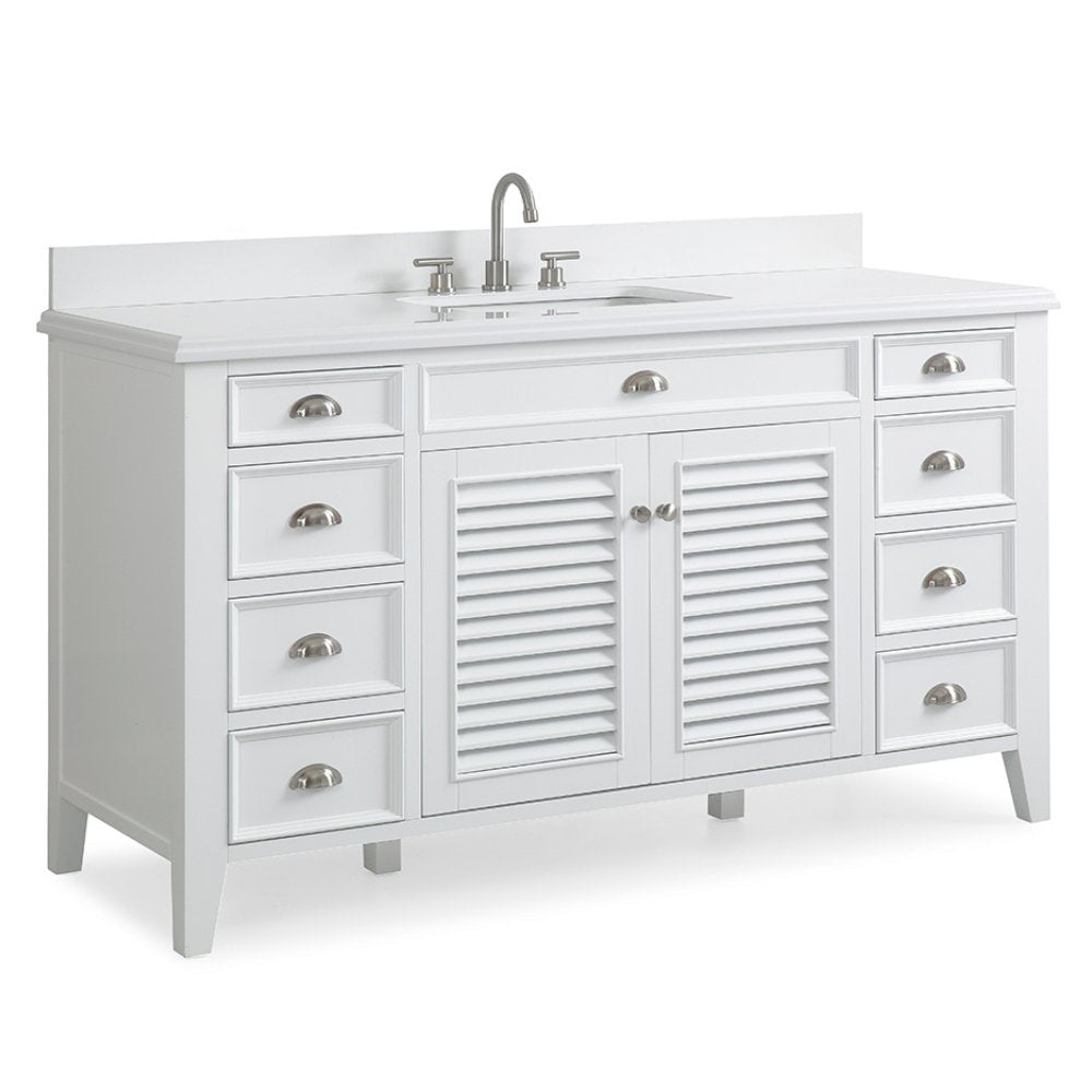 60 Inch Single Sink White Bathroom Vanity with Quartz Top, Soft Close ...