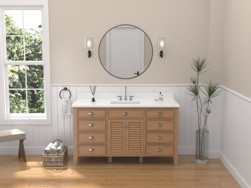 60 Inch Contemporary Style Single Sink Wood Finish Kalani Bathroom Vanity With White Quartz Top