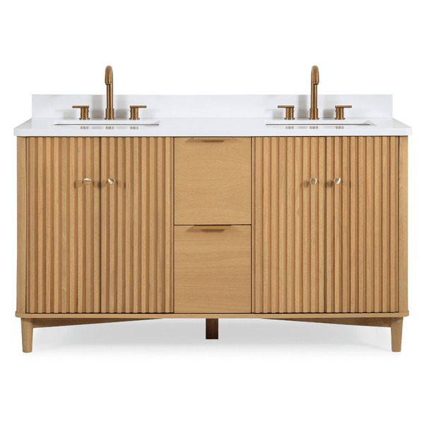 60 Inch Double Sink Wood Finish Odelia Bathroom Vanity With White Quartz Top