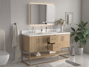 60 Inch Light Oak Lima Double Sink Bathroom Vanity With Open Shelf & Gold Leg Base - Chans Furniture