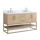 60 Inch Light Oak Lima Double Sink Bathroom Vanity With Open Shelf & Gold Leg Base - Chans Furniture