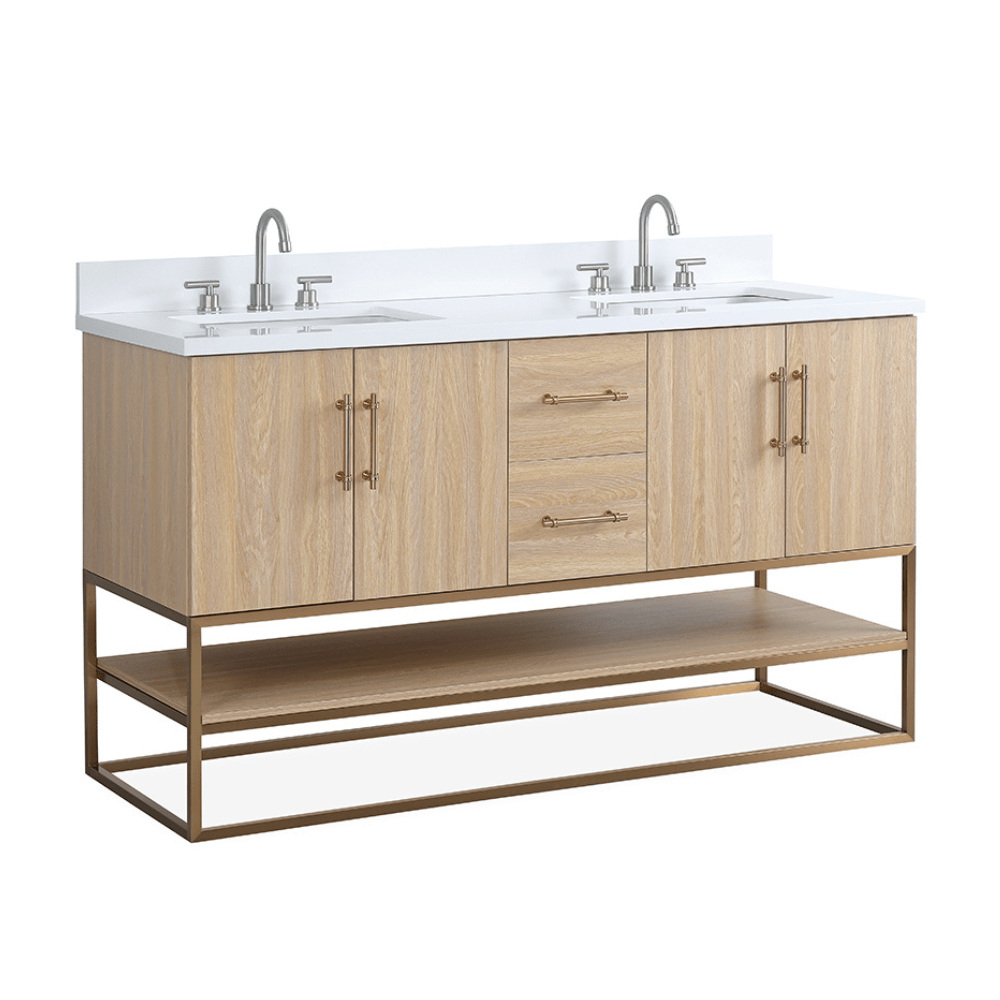 60 Inch Lima Modern Light Oak Double Sink Bathroom Vanity | Open Shelf ...