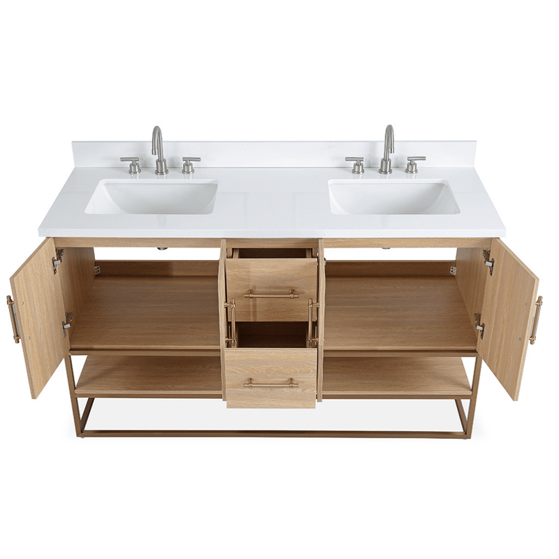 60 Inch Light Oak Lima Double Sink Bathroom Vanity With Open Shelf & Gold Leg Base - Chans Furniture