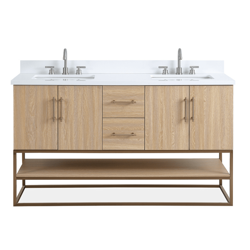 60 Inch Light Oak Lima Double Sink Bathroom Vanity With Open Shelf & Gold Leg Base - Chans Furniture