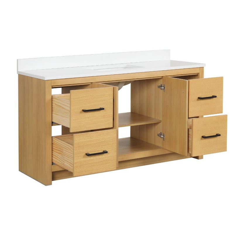 60 Inch Light Oak Sandi Single Sink Bathroom Vanity Toe Kick Style With White Quartz Top - Chans Furniture