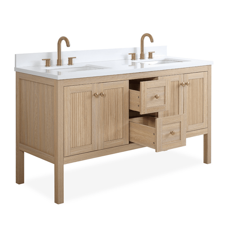 60 Inch Modern Light Oak Sera Double Sink Bathroom Vanity With White Quartz Top