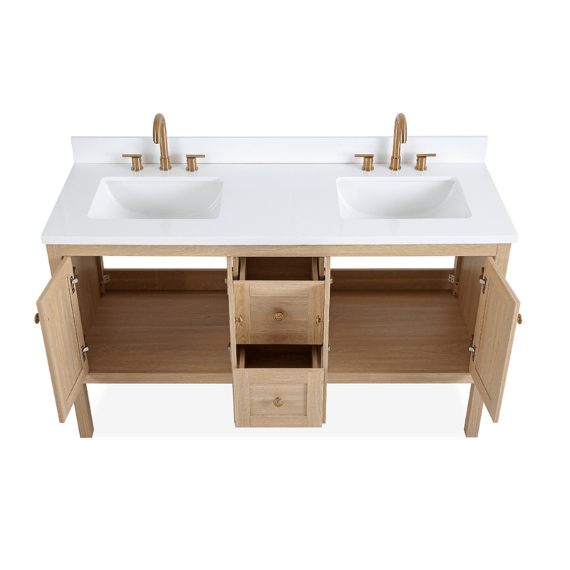 60 Inch Modern Light Oak Sera Double Sink Bathroom Vanity With White Quartz Top