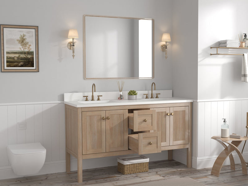 60 Inch Modern Light Oak Sera Double Sink Bathroom Vanity With White Quartz Top