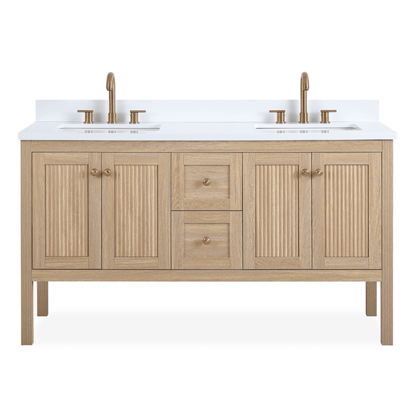 60 Inch Modern Light Oak Sera Double Sink Bathroom Vanity With White Quartz Top - Chans Furniture