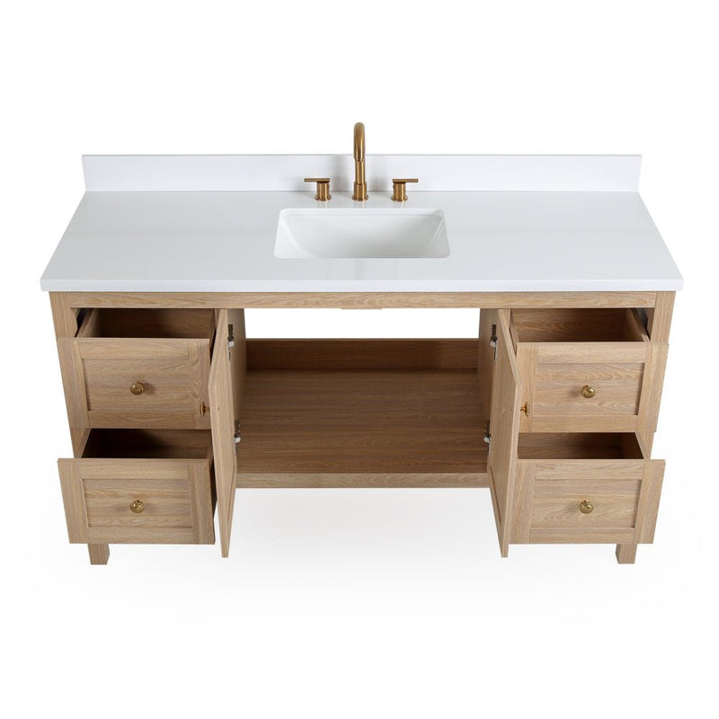 60 Inch Modern Light Oak Sera Single Sink Bathroom Vanity With White Quartz Top