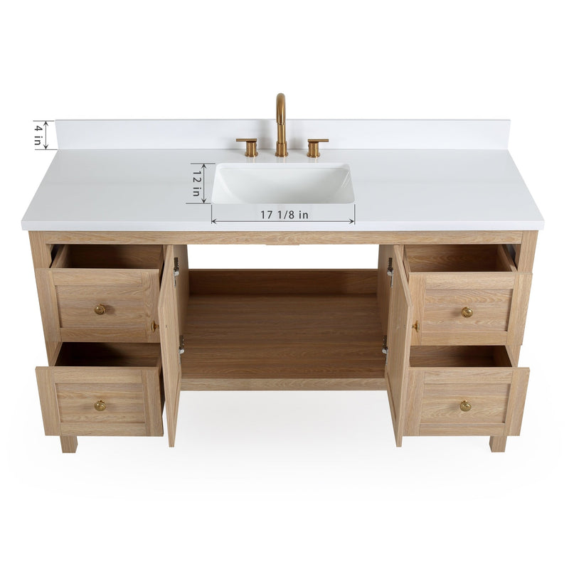 60 Inch Modern Light Oak Sera Single Sink Bathroom Vanity With White Quartz Top
