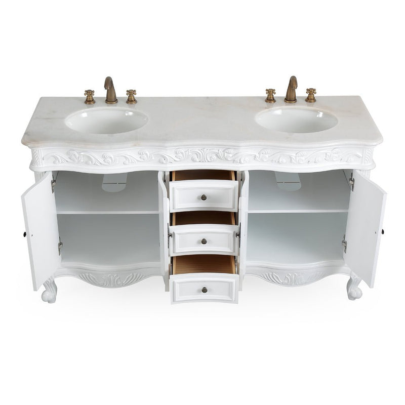 64 Inch Antique White Traditional Style Double Sink White Top Beckham Bathroom Vanity