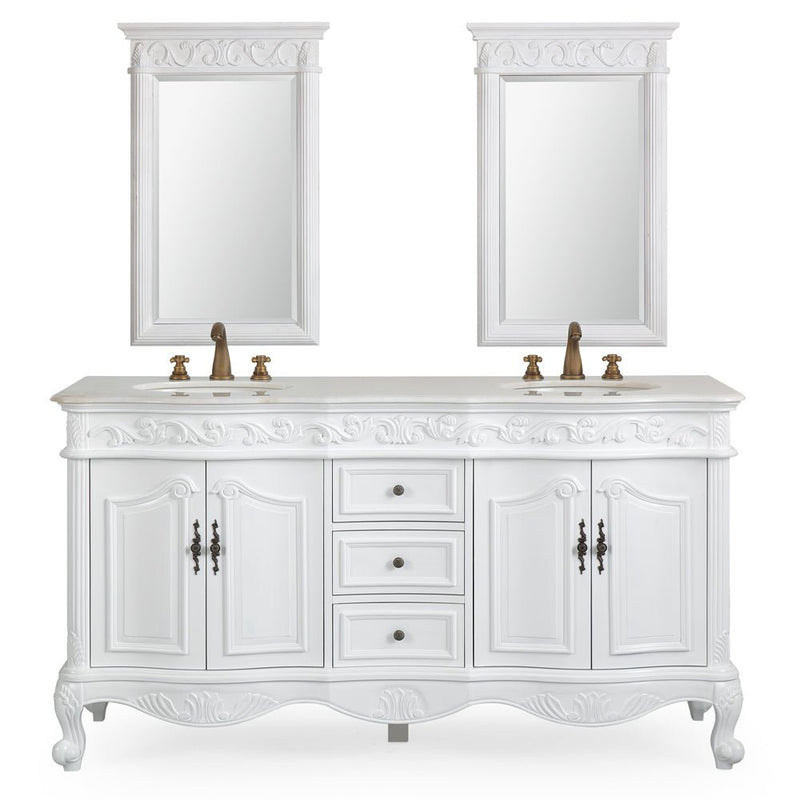 64 Inch Antique White Traditional Style Double Sink White Top Beckham Bathroom Vanity