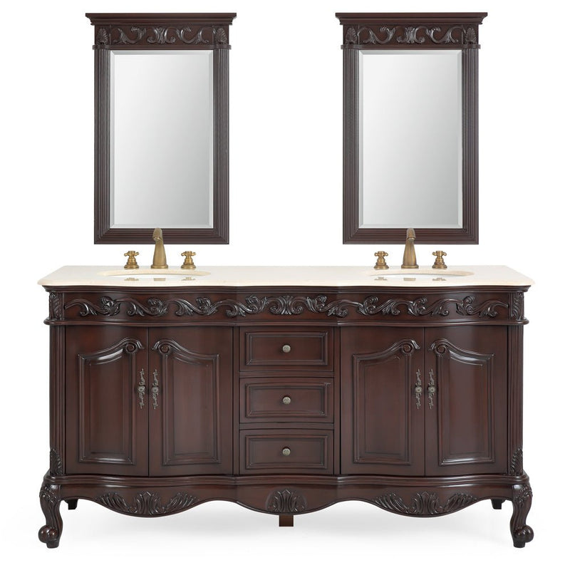64 Inch Brown Traditional Style Double Sink Cream Marble Top Beckham Bathroom Vanity