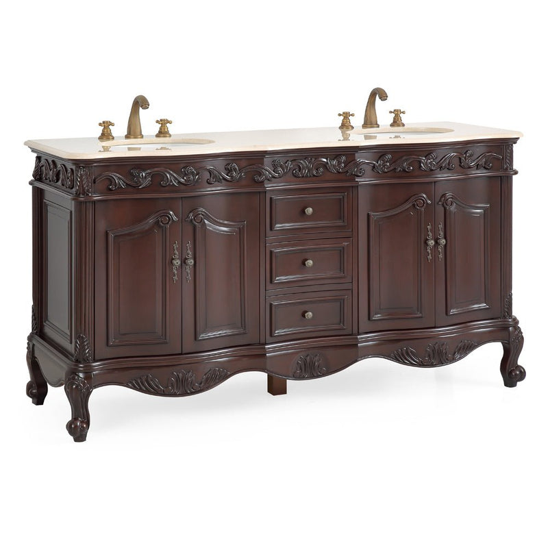 64 Inch Brown Traditional Style Double Sink Cream Marble Top Beckham Bathroom Vanity