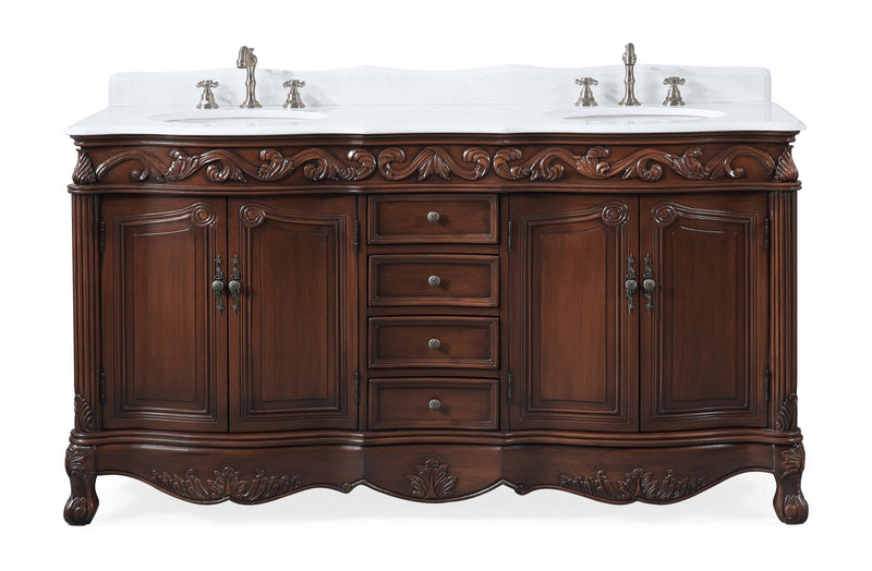 64 Inch Brown Traditional Style Double Sink Cream Marble Top Beckham Bathroom Vanity