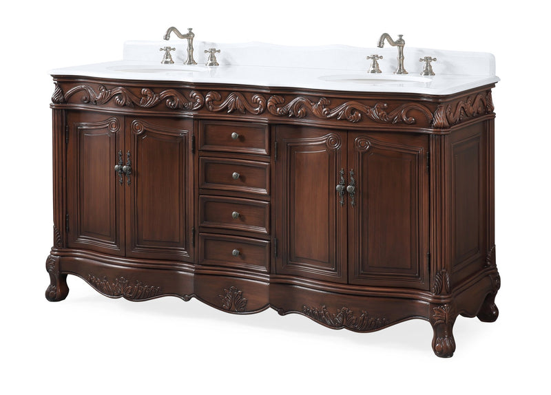 64 Inch Brown Traditional Style Double Sink White Marble Top Beckham Bathroom Vanity - Chans Furniture