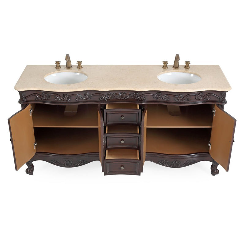 72 Inch Brown Antique Traditional Style Double Sink Cream Top Beckham Bathroom Vanity