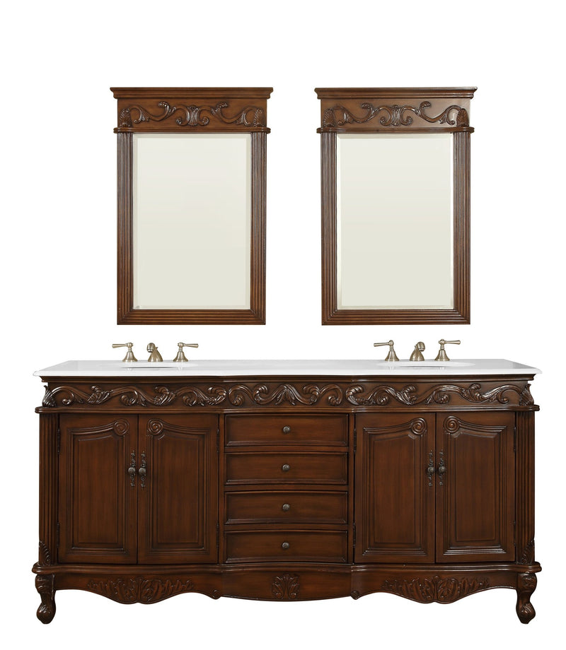 72 Inch Brown Antique Traditional Style Double Sink White Top Beckham Bathroom Vanity - Chans Furniture