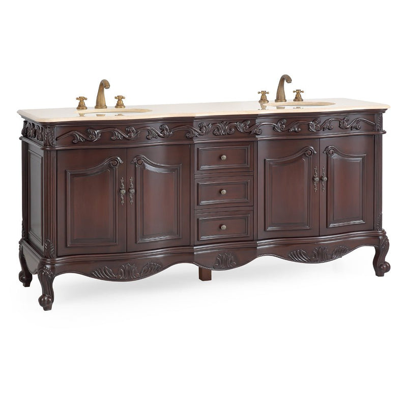 72 Inch Brown Antique Traditional Style Double Sink White Top Beckham Bathroom Vanity