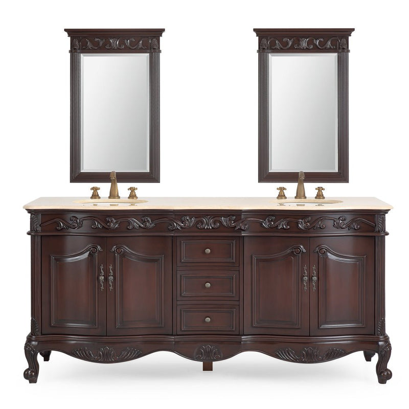 72 Inch Brown Antique Traditional Style Double Sink White Top Beckham Bathroom Vanity