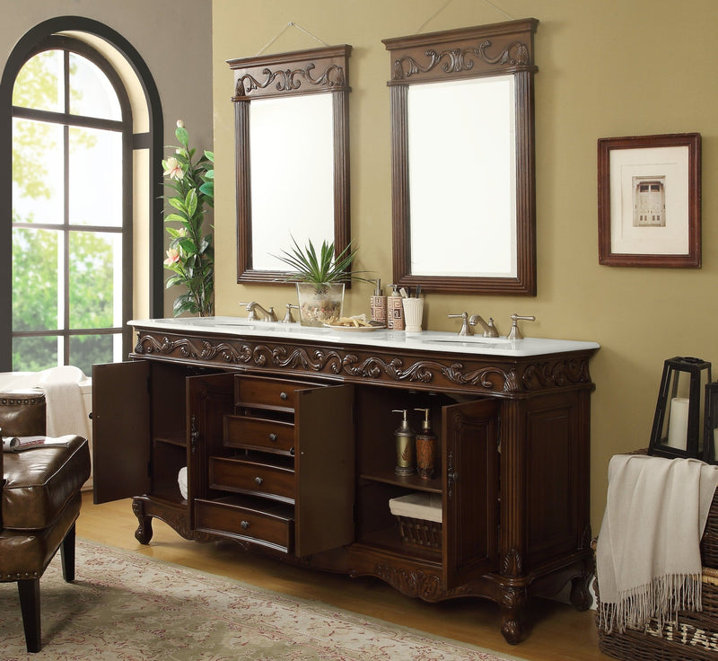 72 Inch Brown Antique Traditional Style Double Sink White Top Beckham Bathroom Vanity - Chans Furniture